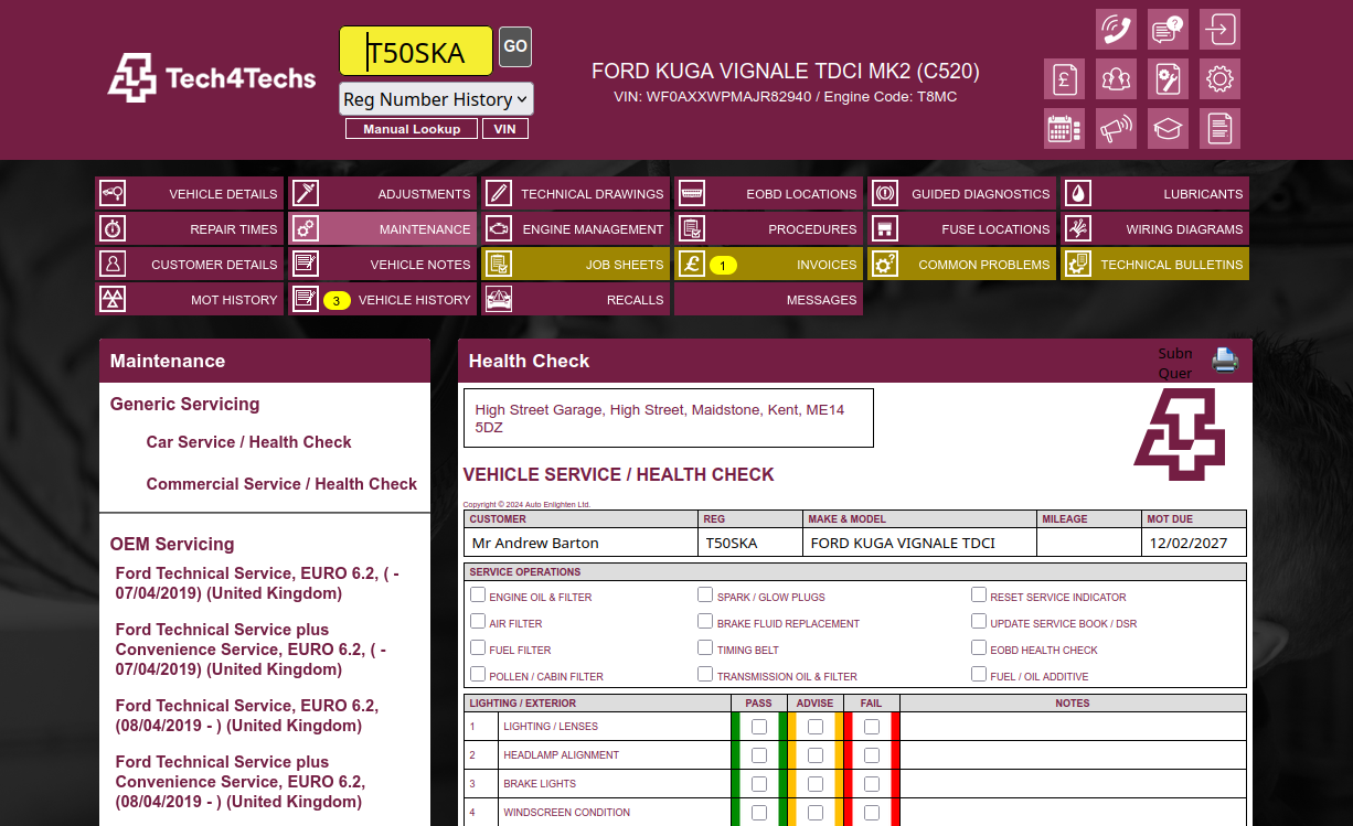 Tech4Techs vehicle health check / service sheet